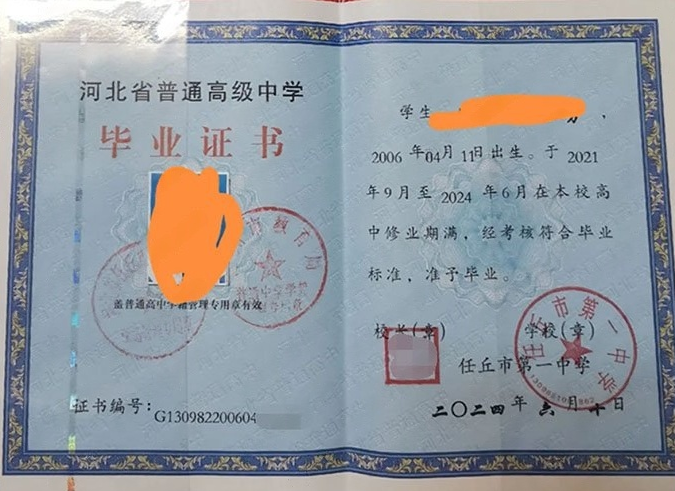 涉县任丘市第一中学高中毕业证样本图片